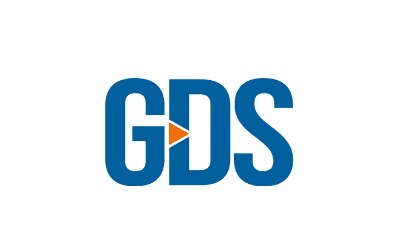 A blue and orange logo for gds