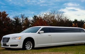 A white limo is parked in the grass.